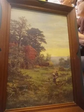 Vintage Signed R. Gallon Afternoon Print Pastoral Rural House Dog Walnut Frame