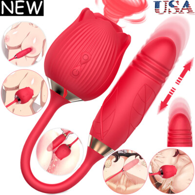 Rose Clit G-spot Vibrator Oral Sucking Thrusting Dildo Bullet Sex Toys for  Women