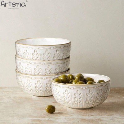 4pcs Artena Soup Bowl 32 OZ, Cereal Bowl , Embossed Ceramic Ramen Bowl