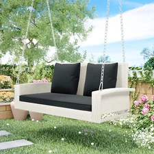 2-Person Wicker Porch Swing with Chains Patio Hanging Swing Chair with Cushions