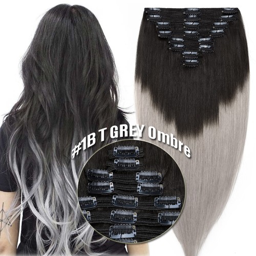 Indisches Doppelt Tressen Clip In Remy Echthaar Extensions Haarverlängerung Grey - Bild 48 von 48