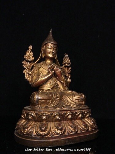 12" Old Tibet Buddhism Bronze Gilt Je Tsongkhapa Tsong-Kha-Pa Lama Buddha Statue - Picture 7 of 9