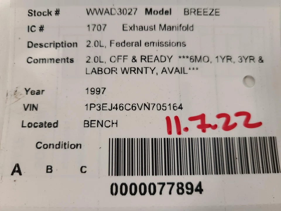 Colector de escape usado se adapta a: 1997 Plymouth Breeze 4-122 2,0 L grado federal A Foto 3 de 4