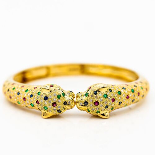 Leopard Head Bangle 750/18K Yellow Gold Diamonds Emerald Ruby Sapphire