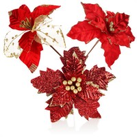 3X Weihnachtsstern Deko-Gesteck, Kunstblumen Als Weihnachtsdeko, Rot/Goldfarben