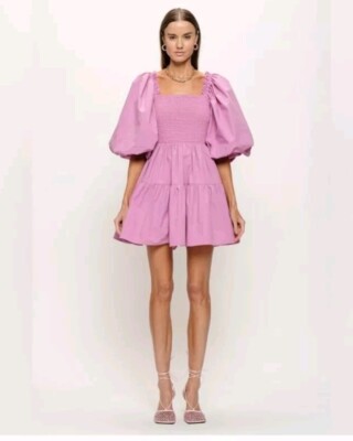 New!!! Puff Sleeve Pink Coquette Dress Smocked Wedding Shower Party Size L