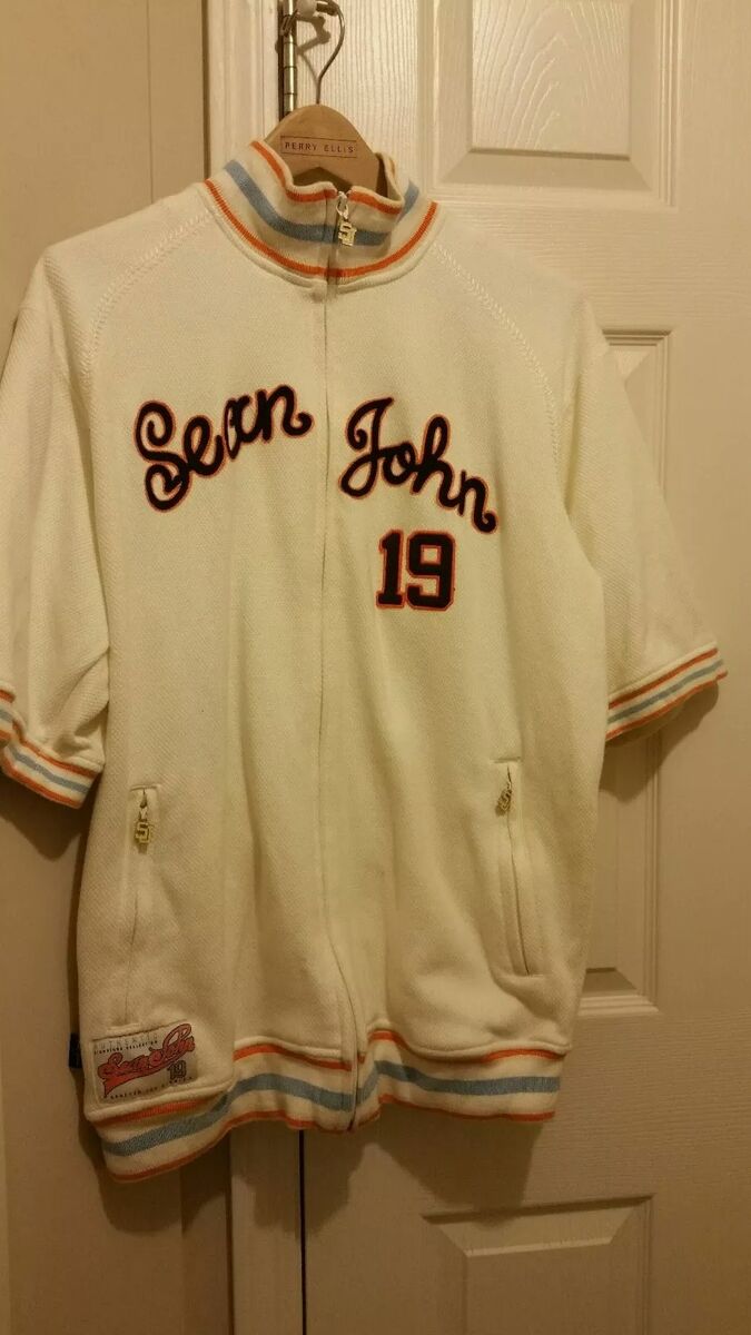 Sean John Shirt Jacket White Med Track Jersey Short Sleeve Sean John Shirt Jacket White Med Track Jersey Short Sleeve