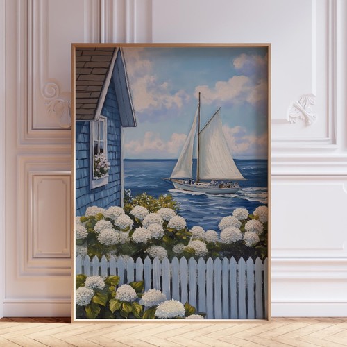 Coastal Beach with White Hydrangeas and Sailboat Wall Art Print - Picture 1 of 6