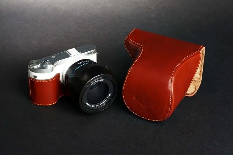 Funda de cuero real completa hecha a mano para cámara para lente Samsung NX300 18-55 mm Foto 2 de 4