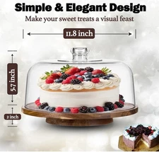 10" Rotating Cake Stand with Acrylic Dome Lid - 360 Degree Acacia Wood Spinni...