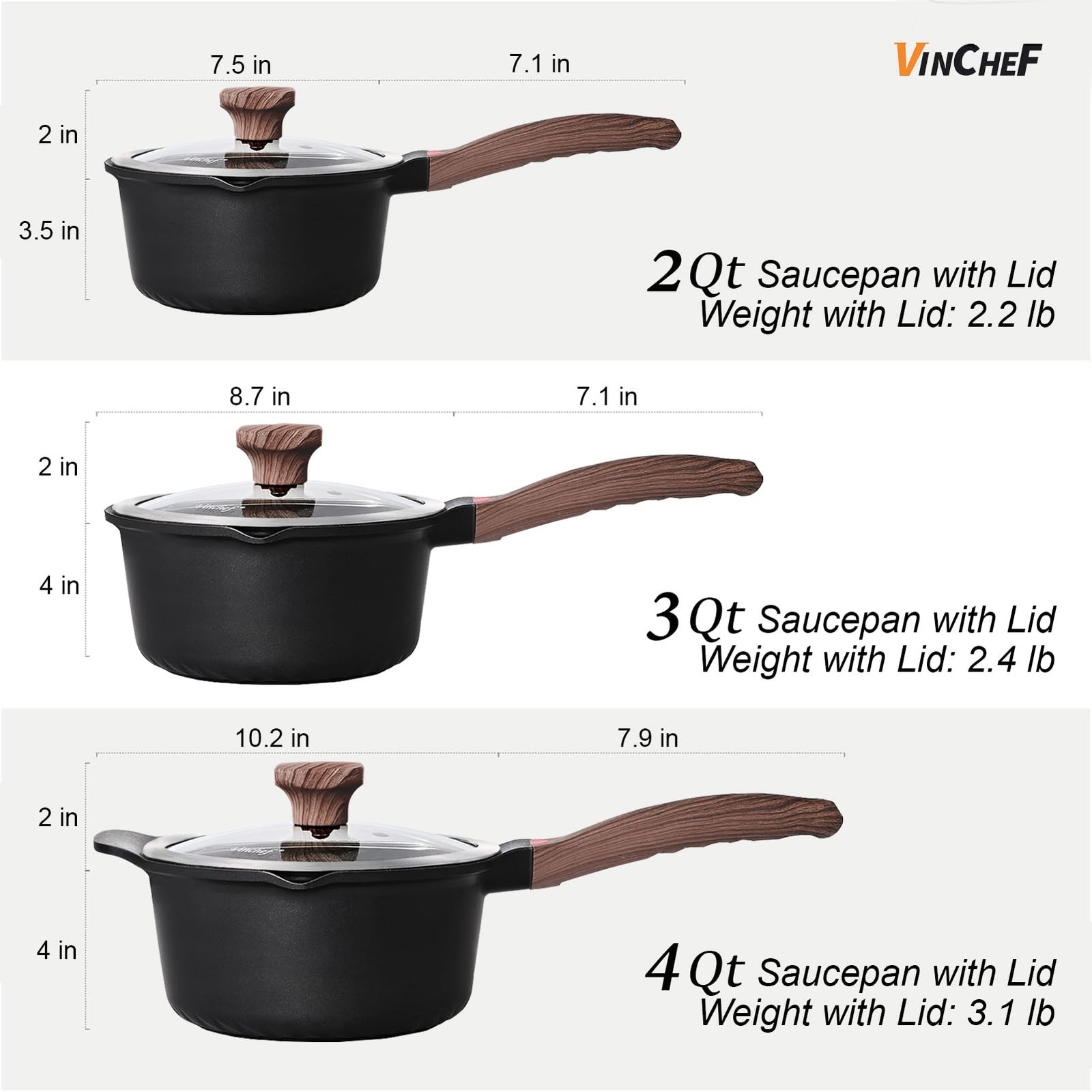 Sauce Pan Set with Lid 10PCS, 2QT+3QT+4QT Non Stick Sauce Pots Cooking Induct...