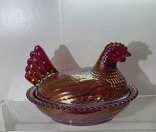 Exclusive 4.5" Red Carnival Glass Hen on Nest Imported Electroplated Electroplat