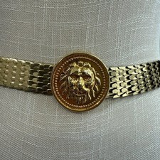 Vintage 90s Lion Buckle Stretch Belt Gold Tone Y2K Art to Wear One Size