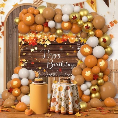 AIBIIN 110Pcs Fall Happy Birthday Decorations, Autumn Maples Leaf Balloon Gar...