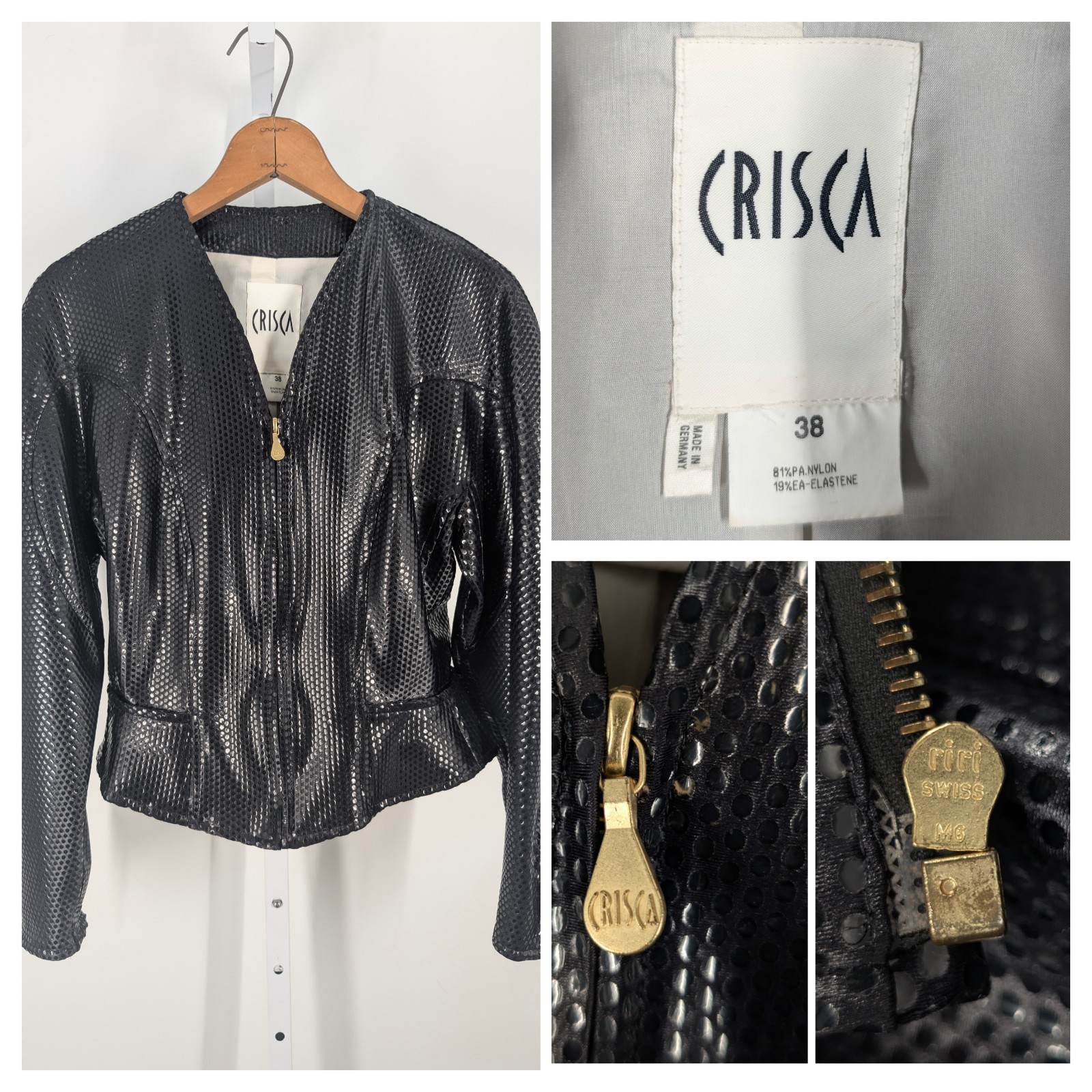 Crisca By Escada Black Disco Ball Op-Art Reflective Bodycon 90s Rave Jacket 38