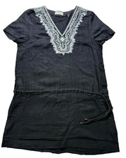 SAHAH Black Beaded V-Neck Tunic Dress Short Sleeve Drawstring Waist - Size M