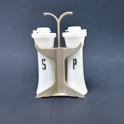 Vintage Tupperware  inch Salt & Pepper Shakers White Hourglass With Caddy