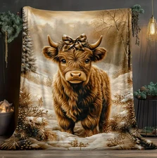 Highland Cow Winter Scene Flannel Throw Blanket - All-Season Cozy Fleece Blanket