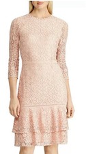 lauren ralph lauren Drop Waist Pink Lace Dress Fluted 3 Quarter Sleeve 