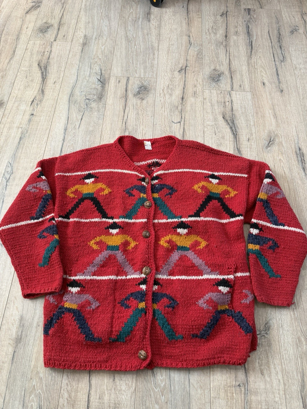 Vintage Unique South American Pattern Wool Cardigan Hand Knitted  XL Oversize