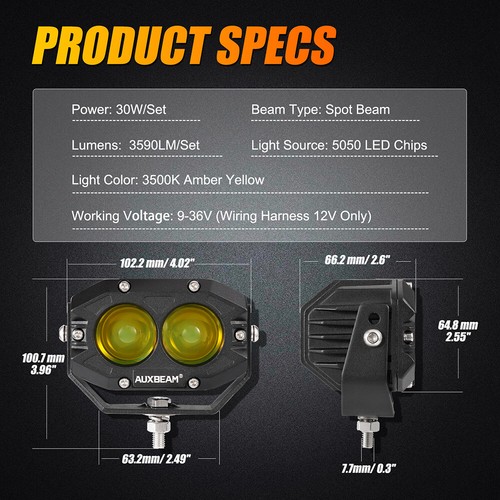 AUXBEAM 2pcs 4" LED Work Light Amber Spot Pods Fog Lamp Offroad Driving Truck - Picture 2 of 12