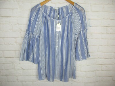 Sofie Max women's size XS Blue White Vertical Stripe Bell Sleeve Peasant Top NWT