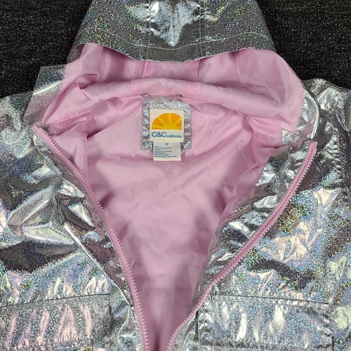 C&C California Jacket Girls 12 Silver Metallic Shiny Full Zip Hooded Rain Casual - Picture 8 of 9