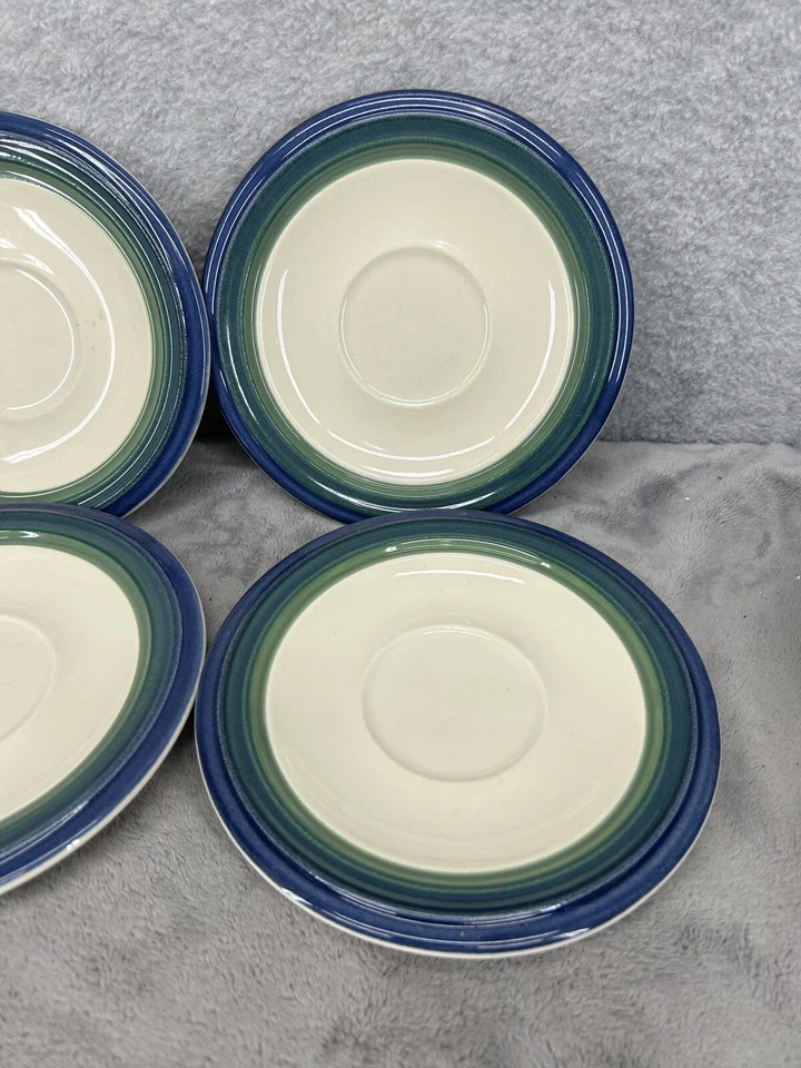 Juego de 4 Platos Platillo Pfaltzgraff Ocean Breeze Azul Verde Bandas EE. UU. 6 3/4" Foto 3 de 4