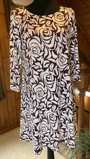 MSK Stretch Knit Office Shift Dress Knee Length Sz Small Floral Eggplant & White