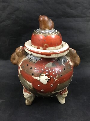 Red Jar Fu Dog Vintage Hand Painted Asian Covered Bowl Dish Lions Tripod Legs