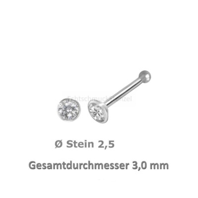 925 Silber Nasenpiercing 3 mm, Nasenstecker Kugelstift  mit weißen Zirkonia Nase