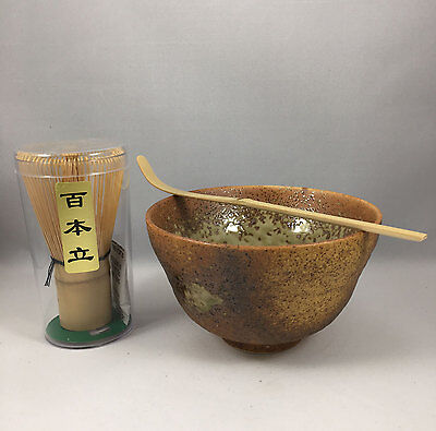 Japanese Red Kakiyu Matcha Cup Bowl w// Bamboo Scoop /& 100 Whisk Tea Ceremony Set