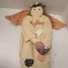 Vintage Folk Art Angel Rag Doll Handmade 19" Fabric Heart Wings Primitive Style