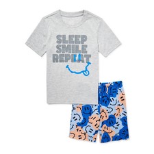 Wonder Nation Boys Size L Husky Smiley Short Sleeve, Shorts 2-Piece Sleep Set U8