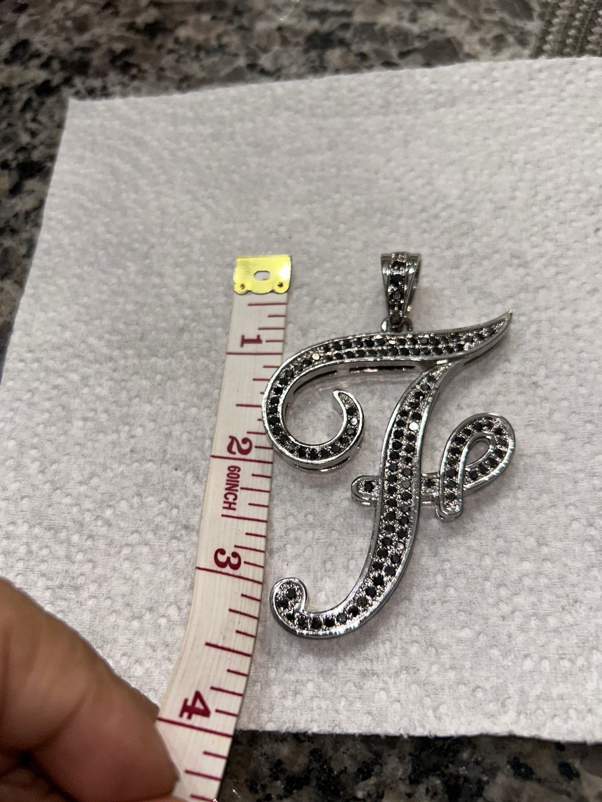 Silver Tone Script Large Initials with Black Rhin… - image 7