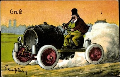 Artist Postcard Kneiß, Emil, Fat Man, Automobile from a Beer Keg - 10694140