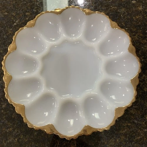 Vintage Anchor Hocking Fire King Milk Glass Deviled Egg Platter with Gold Trim