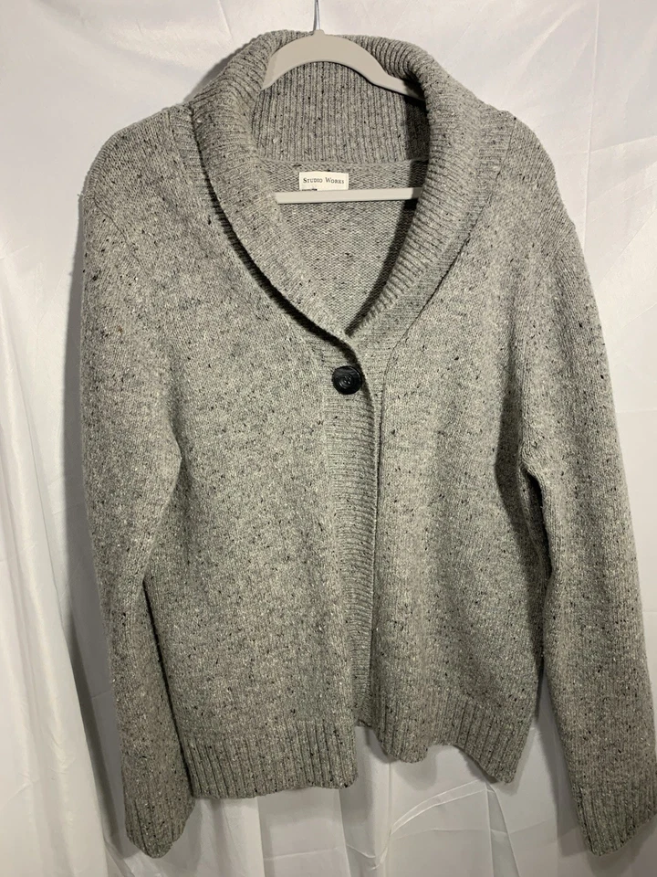 STUDIO WORKS~Cardigan Mujer XL Gris Punto Moteado Manga Larga 1 Botón Elastizado Foto 2 de 4