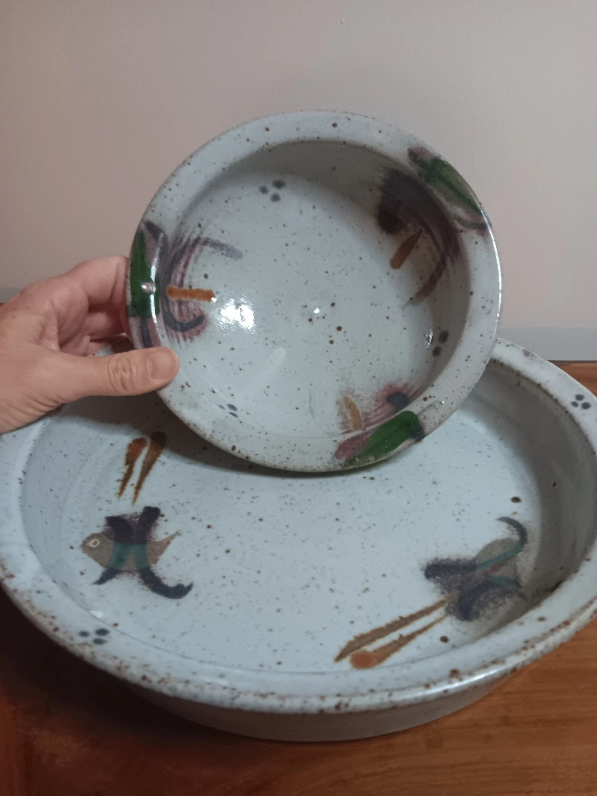 Pottery Pie Plate & Bowl Set Unique Design Stamped "M"
