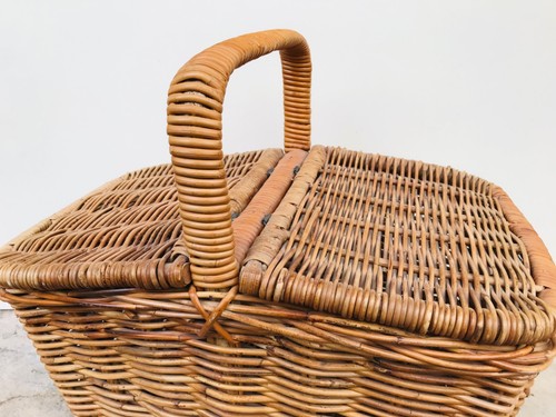Home French Country Decor Vintage Handmade Cane Wicker Hinge Lids Carry Basket - Picture 3 of 6