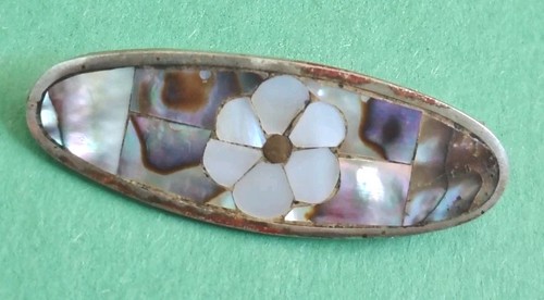 Vintage ABALONE & Mother Of Pearl Flower HAIR CLIP Stamped MECHOEN MEXICO 