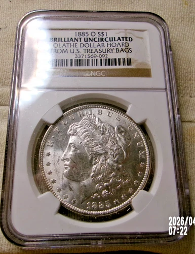 1885-O Morgan Dollar NGC BRILLIANT UNC Olathe Dollar Hoard from US Treasury Bags