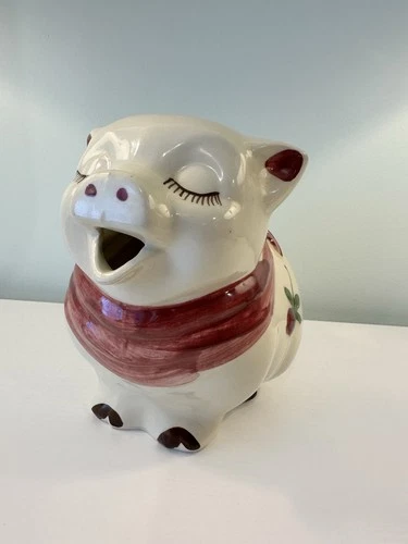 Vintage Shawnee Smiley Pig Pitcher With Apple Blossom & Red Bandana 8”