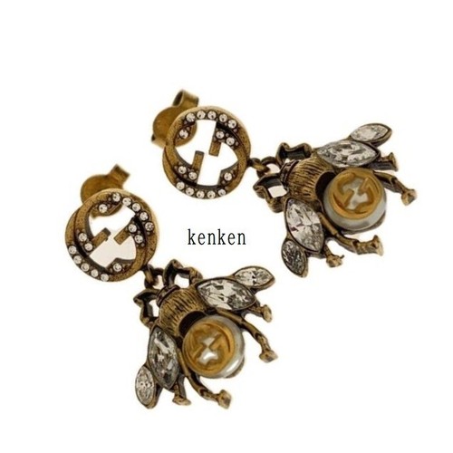 GUCCI Earrings Limited Vintage AUTH Kenken GG Logo Bee Pearl Rhinestone Swing - Picture 2 of 15