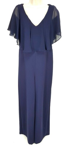 Connected Navy Blue Ruffle Sleeve Long Romper Jumpsuit Women Size 8 - Picture 2 of 7