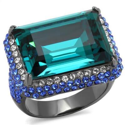 Blauer Zirkon Ring Cocktail Smaragdschliff Schwarz IP Edelstahl Saphir