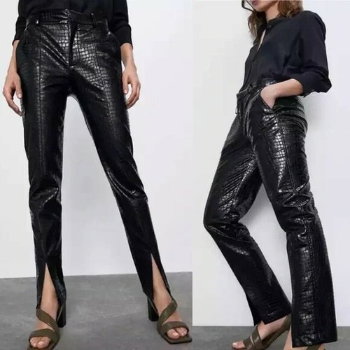 Zara coccodrillo in rilievo nero in finta pelle pantaloni pantaloni prese  d'aria vicino alle Caviglie XS | eBay