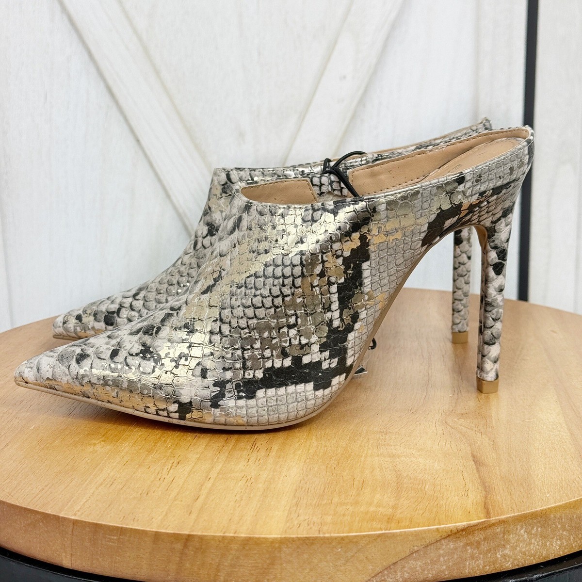 Express Snake Reptile Print Heeled Mules Shoes Ivory Gold Womens