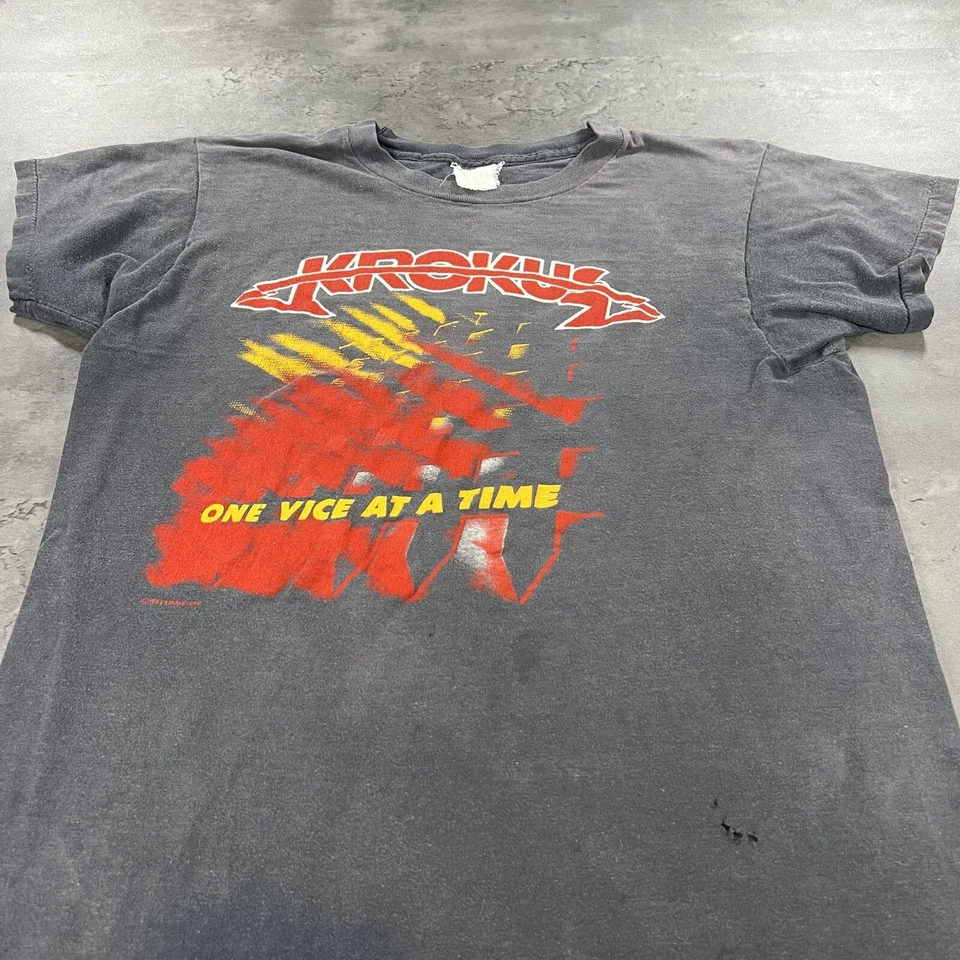 True Vintage 80s Krokus Shirt Adult S Crop Black Gray Faded Single Stitch Band - Image 2 of 4