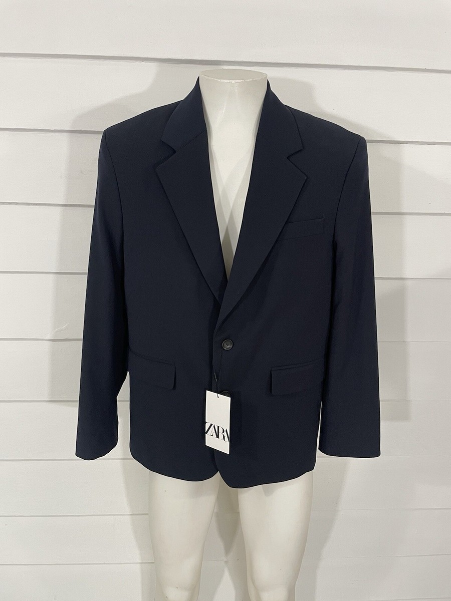 New ZARA MAN Navy Blue Suit Jacket Blazer Button Wool Long Sleeve